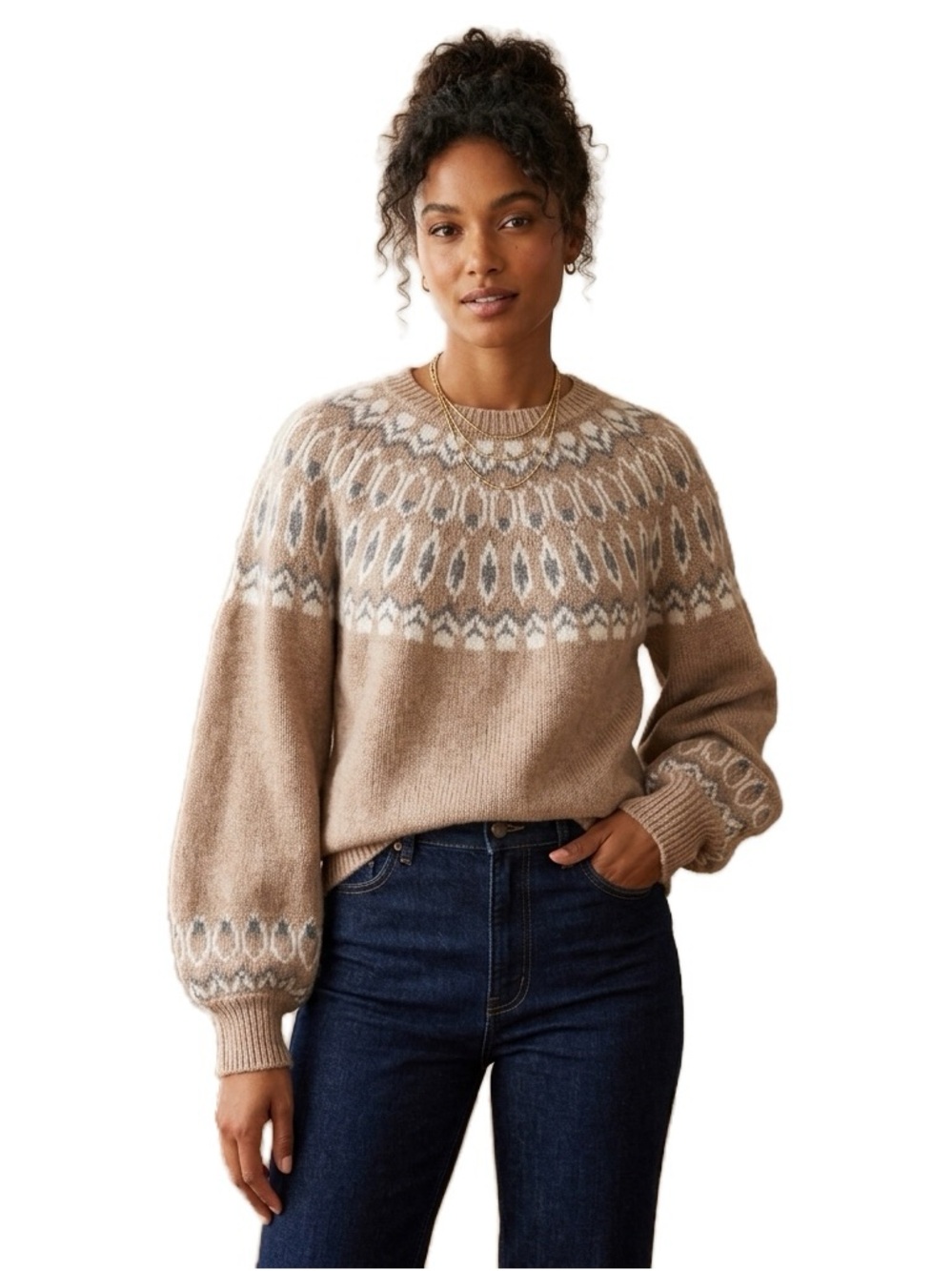 Max Edition Brown Fair Isle Yoke Knit Sweater